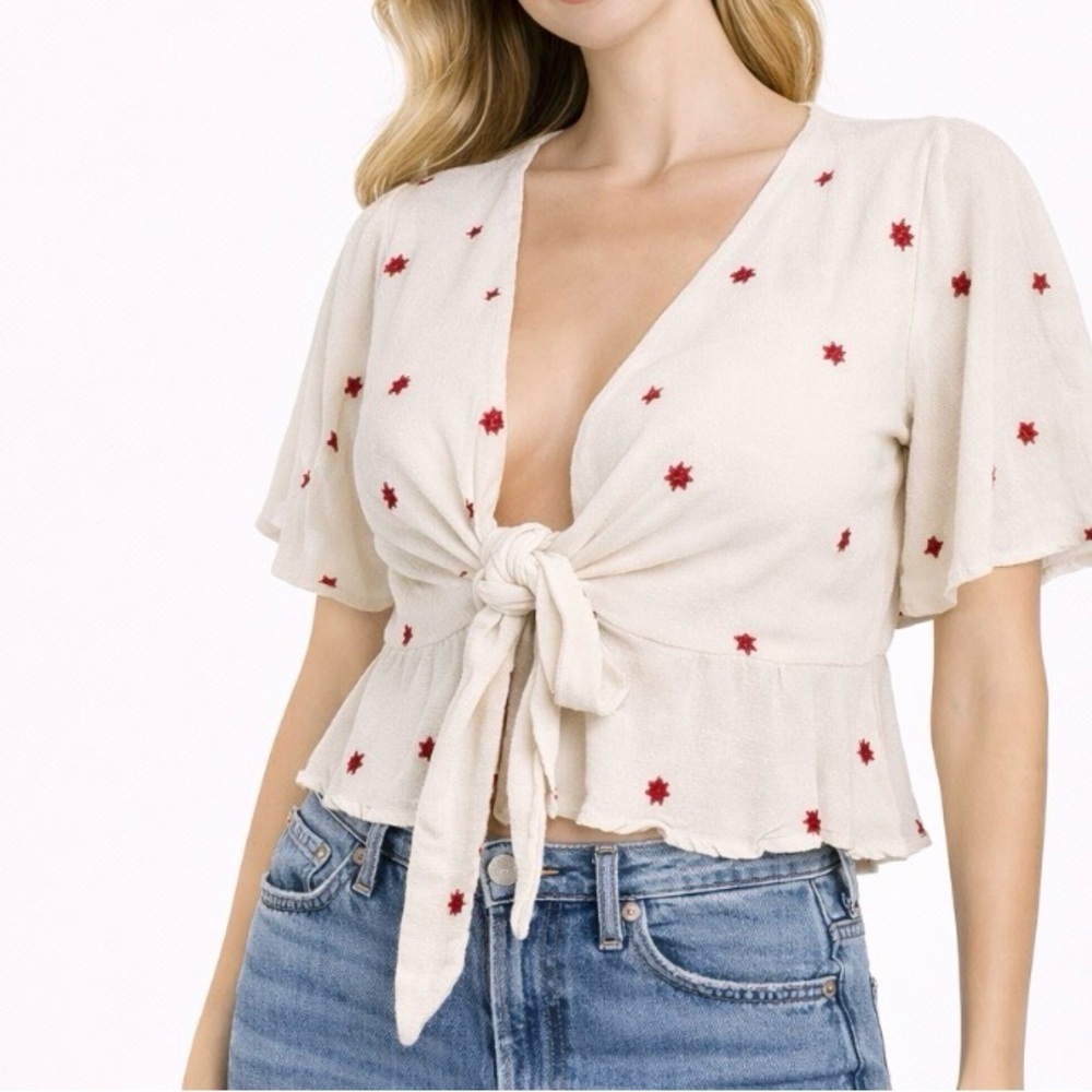 By together collection cropped front tie top in cream and red star detail SZ SM